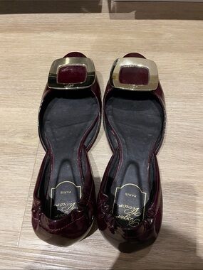 Roger Vivier Burgundy Patent Leather Flats with Gold Buckle